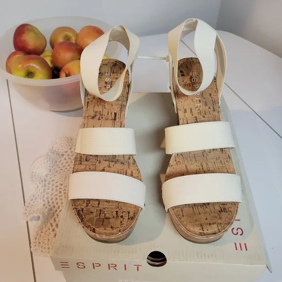 NIB. ESPRIT Strappy cork wedge sandals. Elastic comfort straps. Platform. - Picture 4 of 9